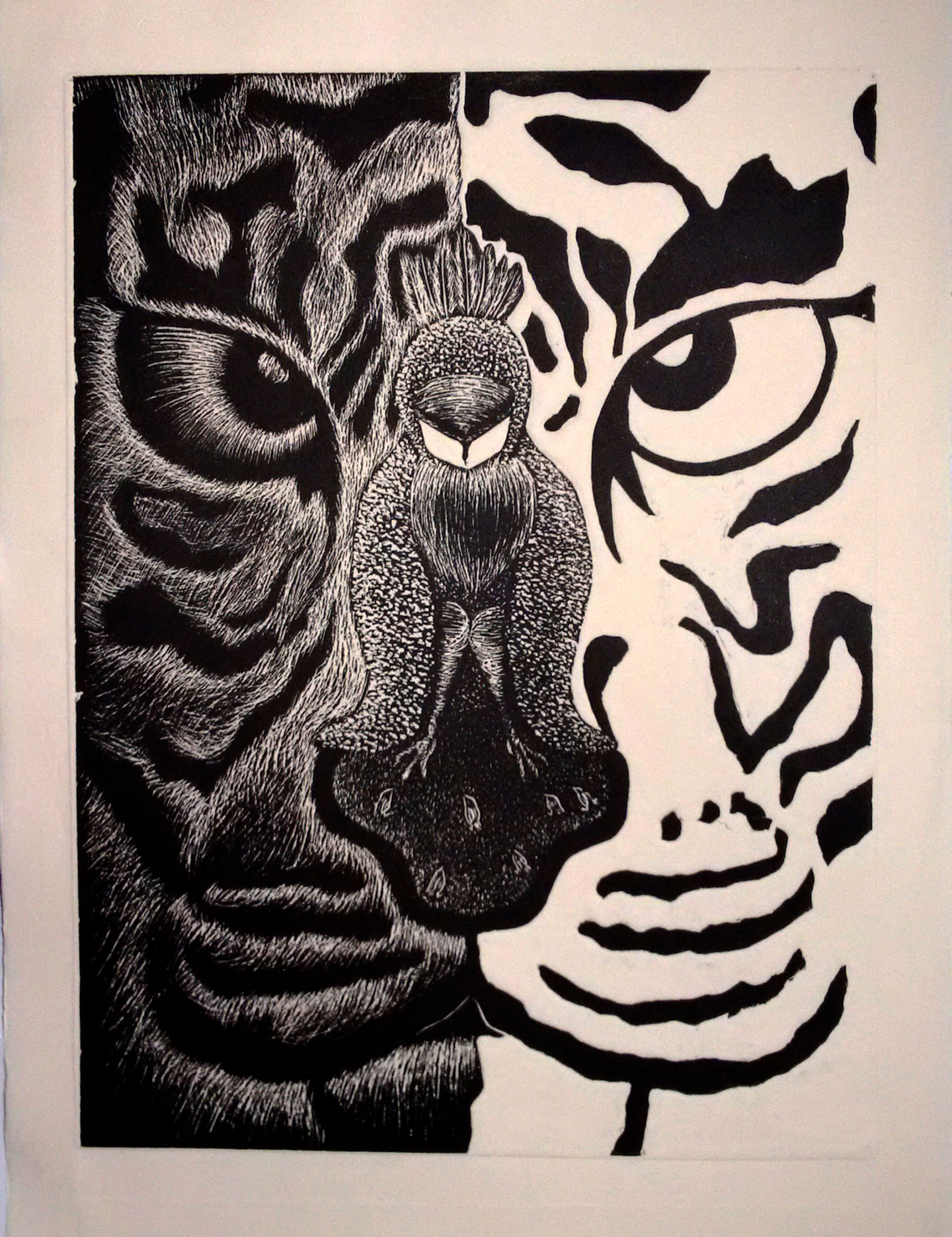 Tigre y mujer pájaro, xilografía, 2014